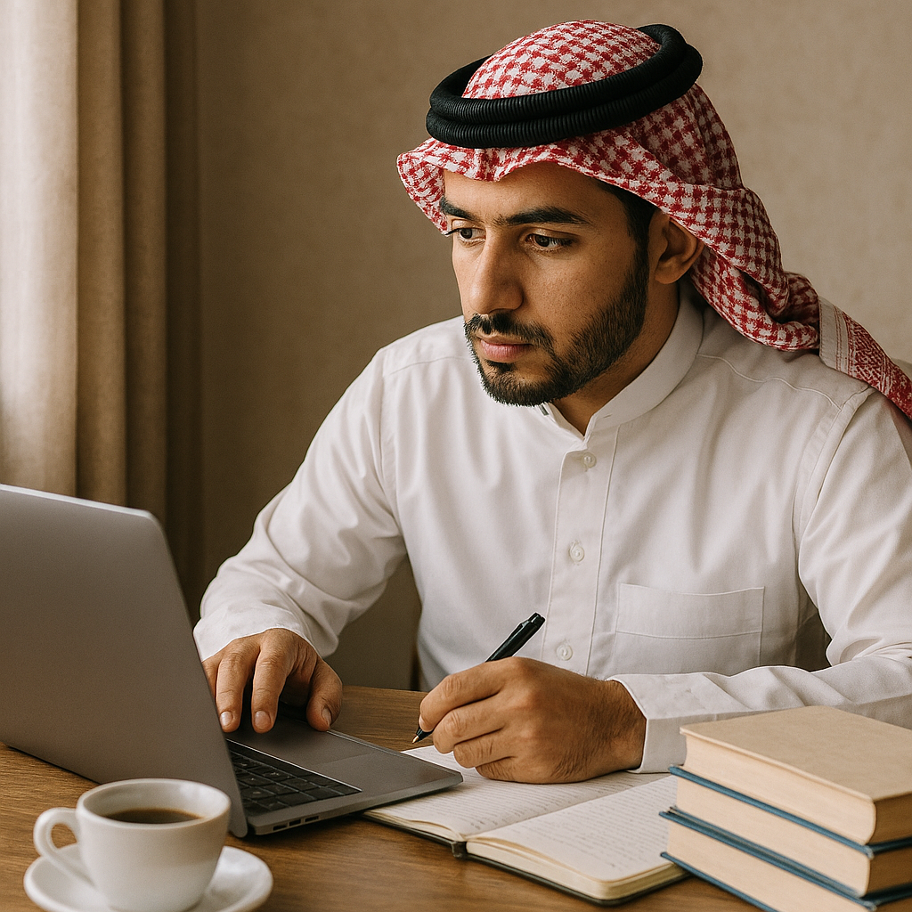Saudi student studying with laptop using AILA Tests platform for personalized exam preparation