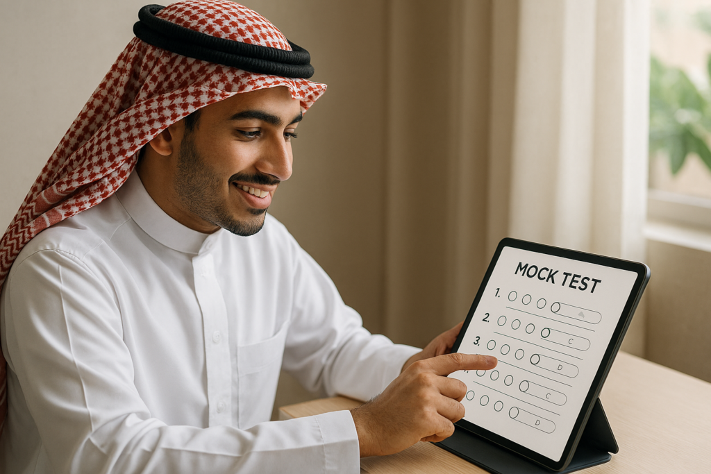 Saudi student taking a mock exam on laptop using AILA Tests study platform