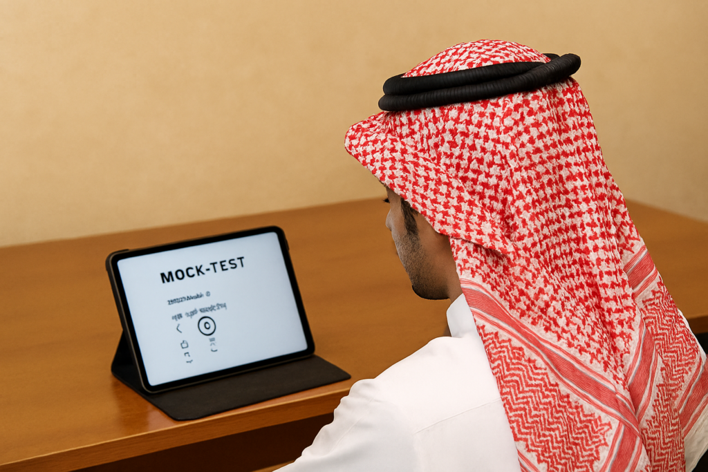 Saudi student taking a mock exam on laptop using AILA Tests study platform